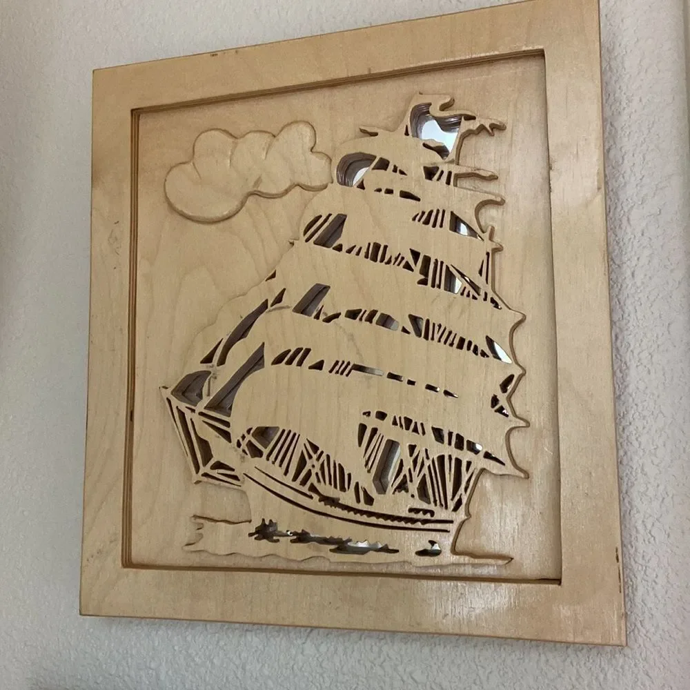 Handmade Wood And Mirror Well Decor Boat Ship 🛳 31.5”x13.5”Size